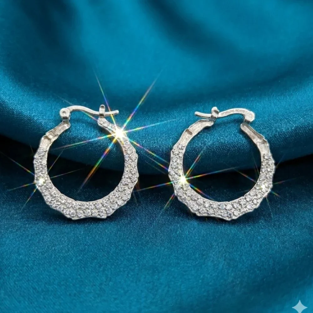 Vintage HAN CHINA Sterling Silver Crystal Hoop Earrings